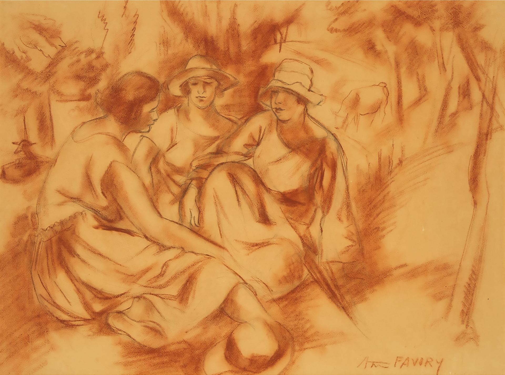 André Favory - Ladies In A Landscape Near A Pasture