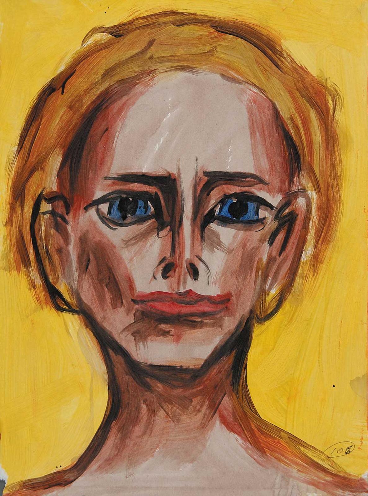 Robert Charles Aller (1922-2008) - Untitled - Woman with Blue Eyes, Red Lips on Yellow Background