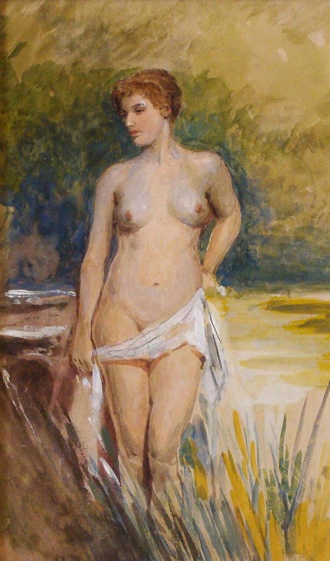 John Absolon (1815-1895) - Standing Nude With Towel By Lake