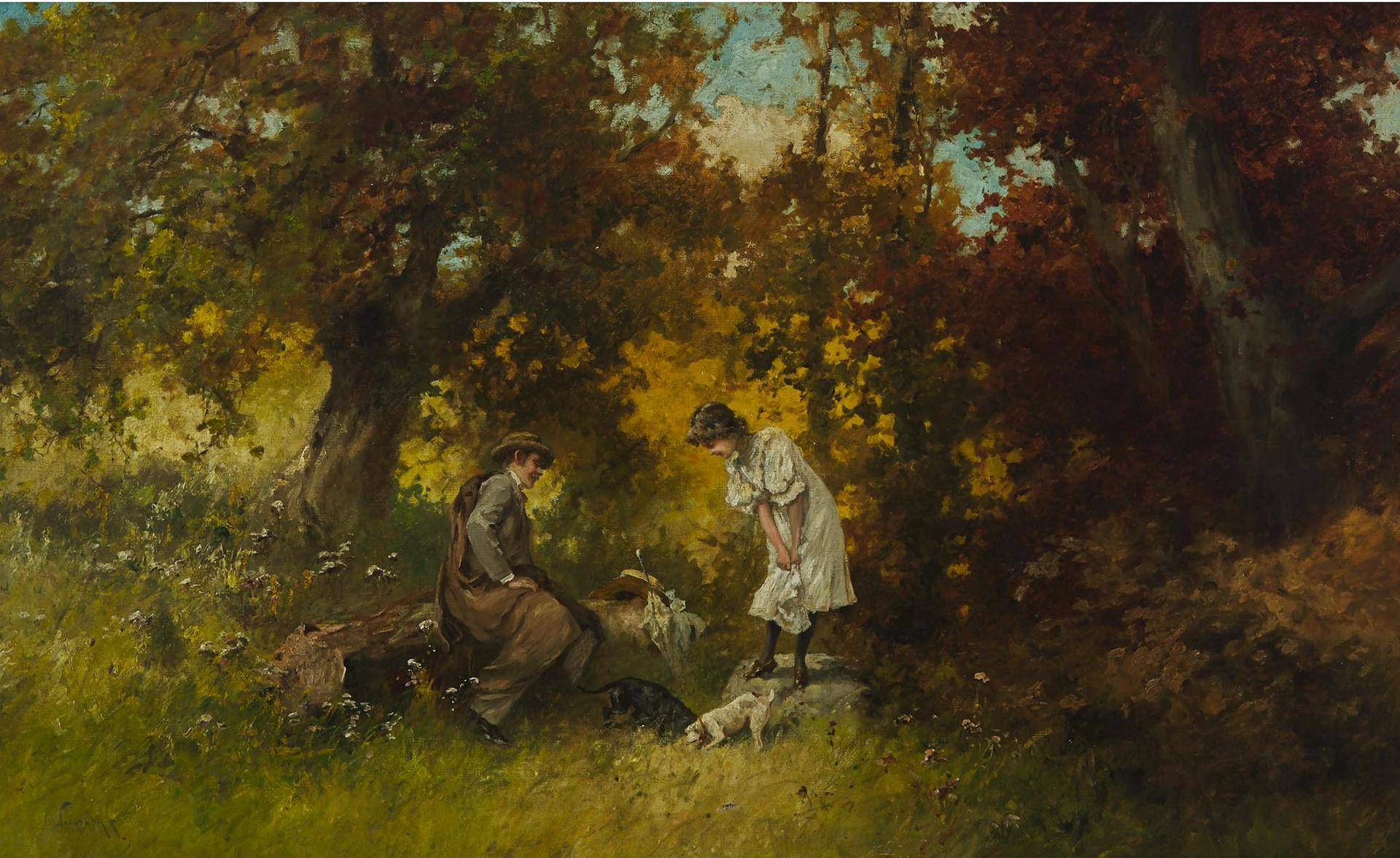 Laszlo Neogrady (1896-1962) - Lovers With Terriers In Sunlit Woods