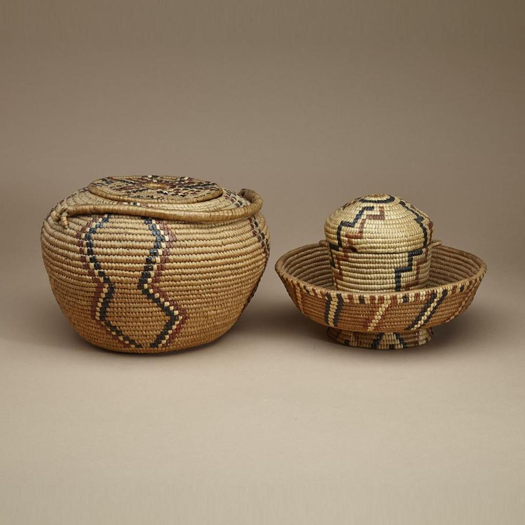 Salish - Lidded Coiled Cooking Basket With Handle; Lidded Coiled Knitting Basket