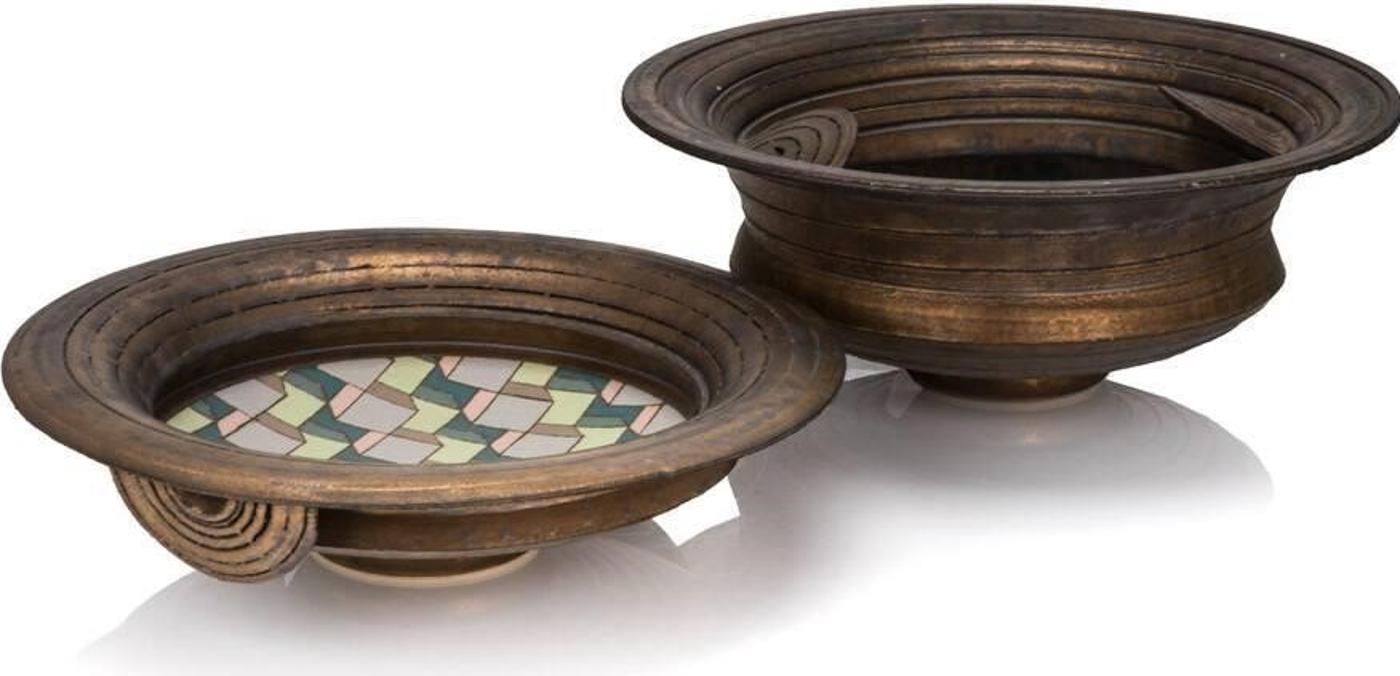 Peter Meanley (1944) - Two Stoneware (slip decorated geometric pattern interior), With bronze glazed rim and exterior