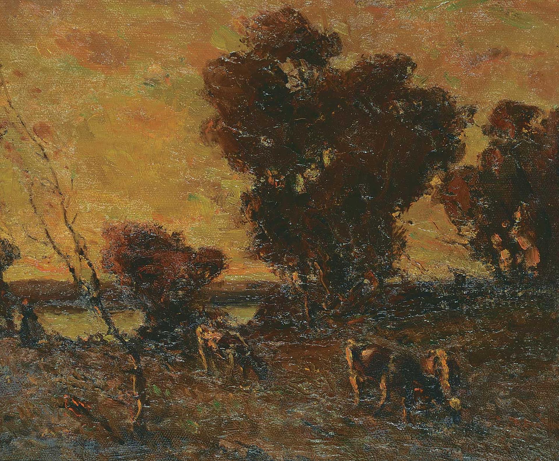 James Henderson (1871-1951) - Grazing Cattle Under Evening Sky