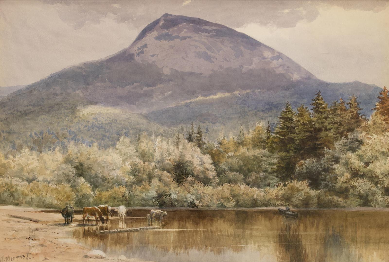 Marmaduke Matthews (1837-1913) - A Man Fishing On A Mountain Lake With Cattle Watering Nearby; 1882