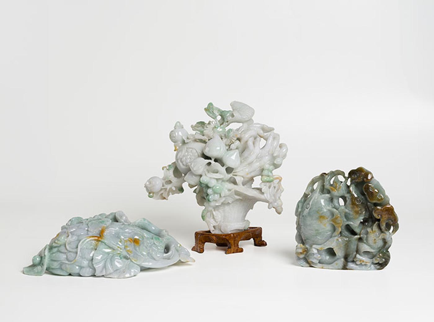 Chinese Art - Three Chinese Jadeite Carved Auspicious Fruits and Floral Groups, 20th Century