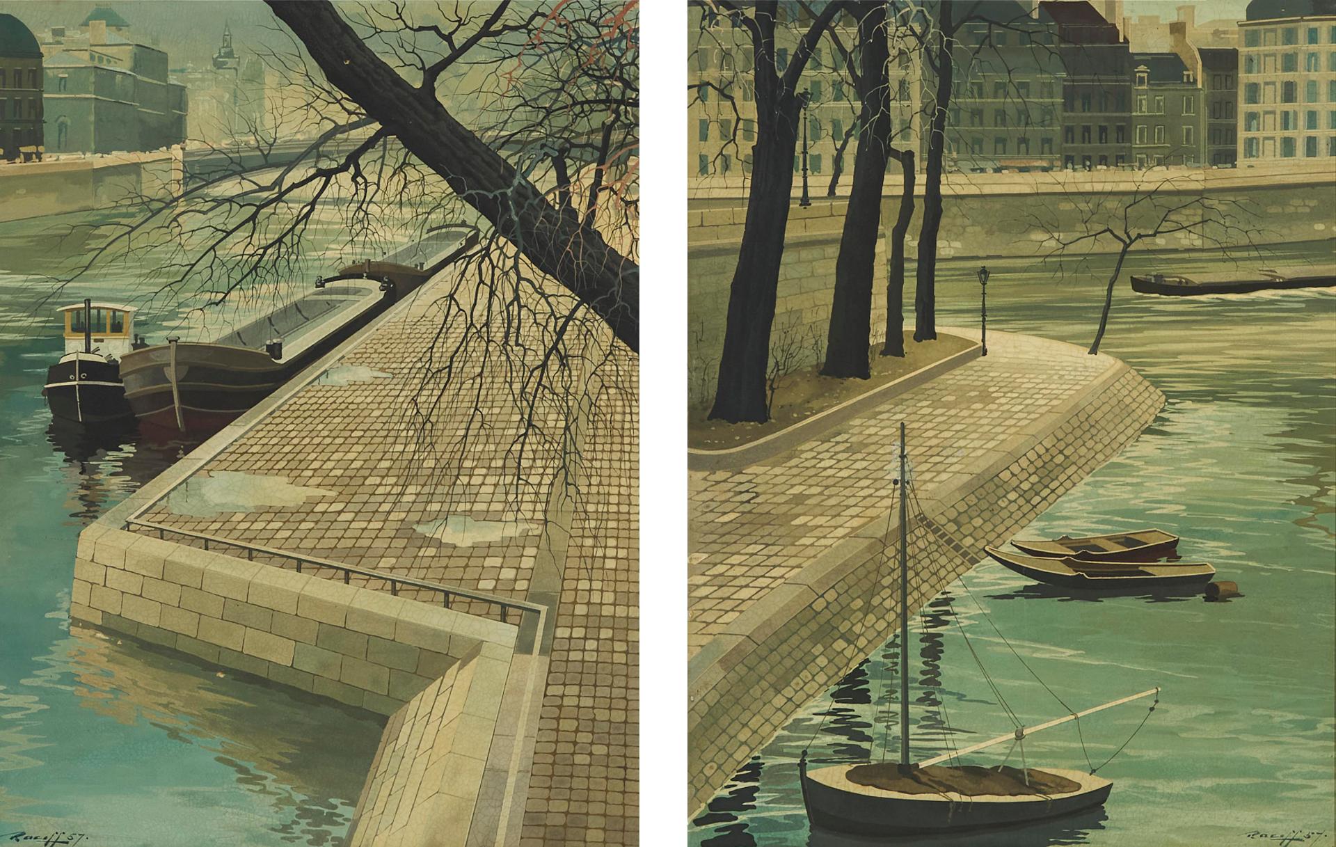 Ratislaw Racoff - Two Views (Boats On The Banks Of The Seine), 1957