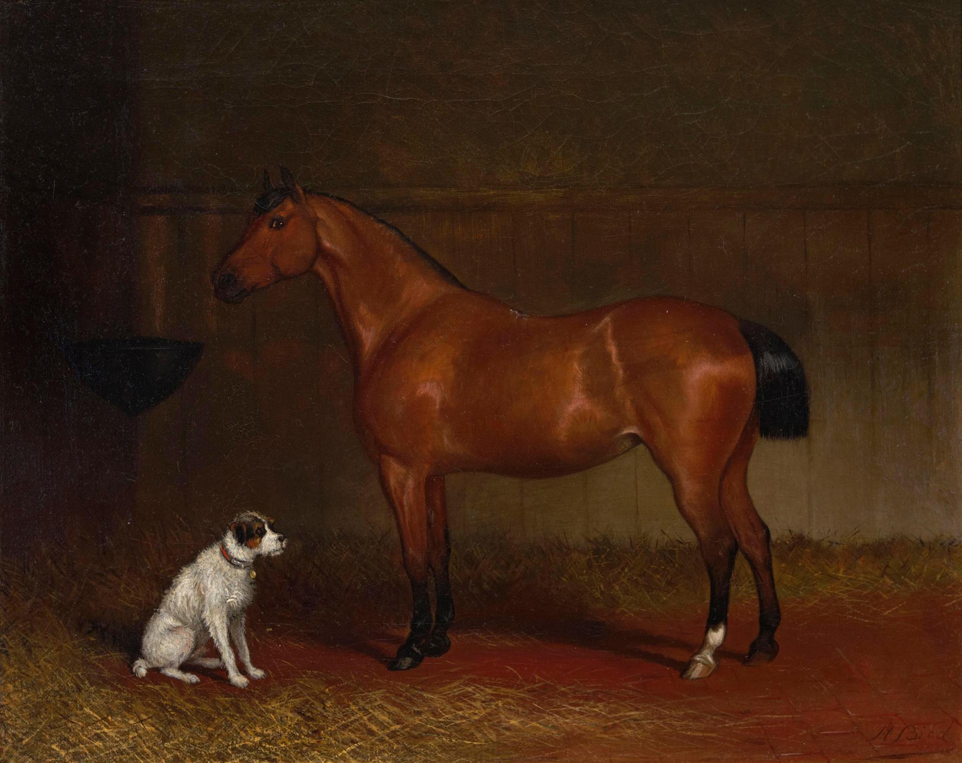 Harrington Bird (1846-1936) - Bay horse and terrier in a stable