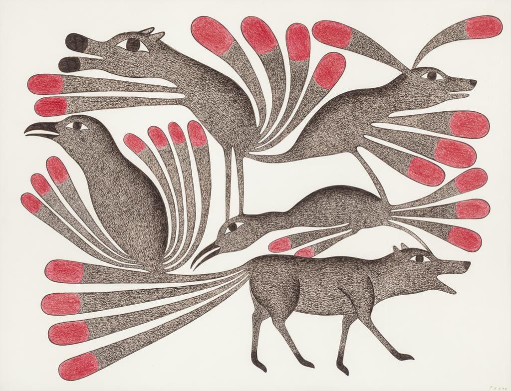 Kenojuak Ashevak (1927-2013) - Untitled (Bird and Dog Spirits), c. 1997-98, ink and coloured pencil drawing