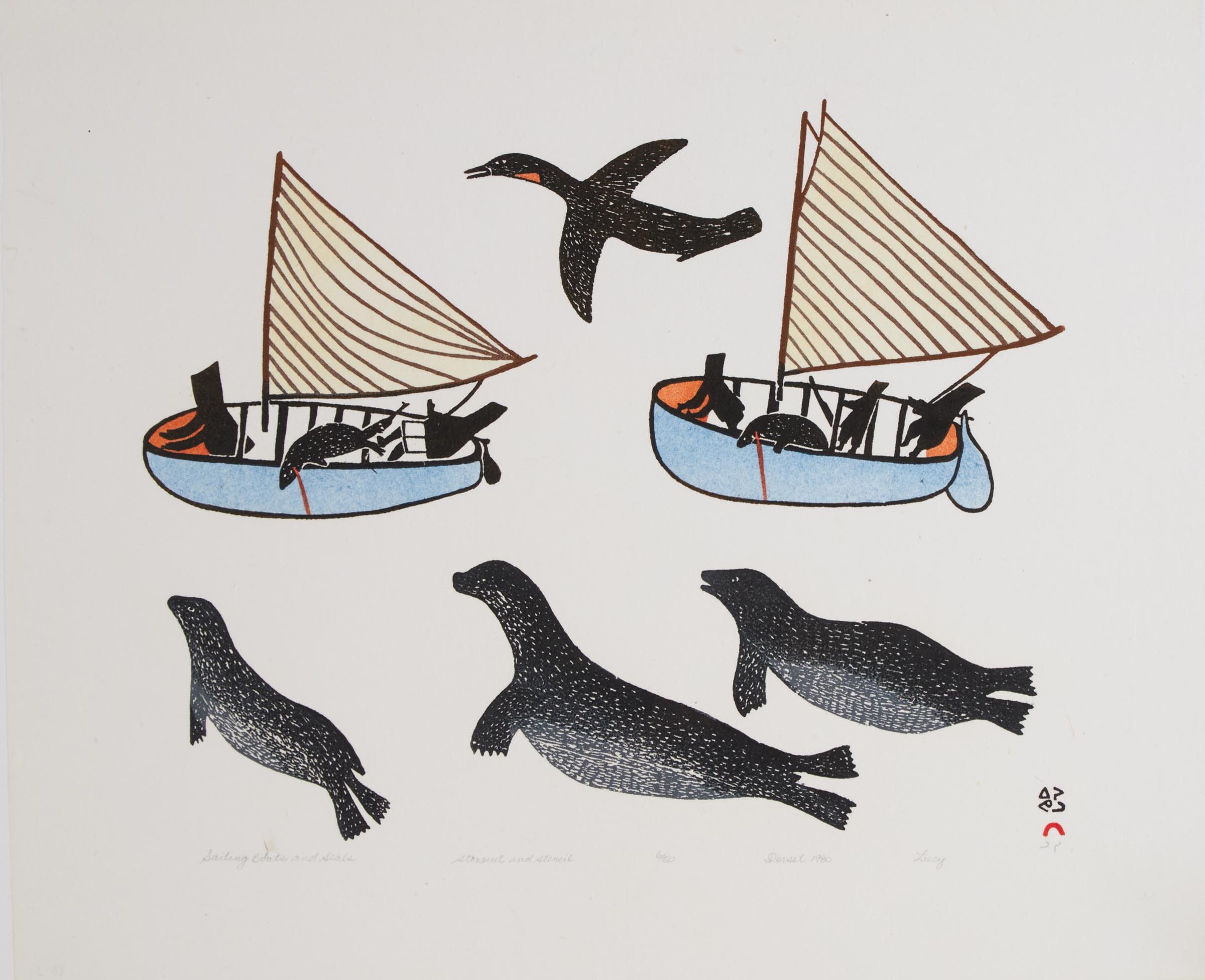 Lucy Qinnuayuak (1915-1982) - Sailing Boats And Seals, 1980