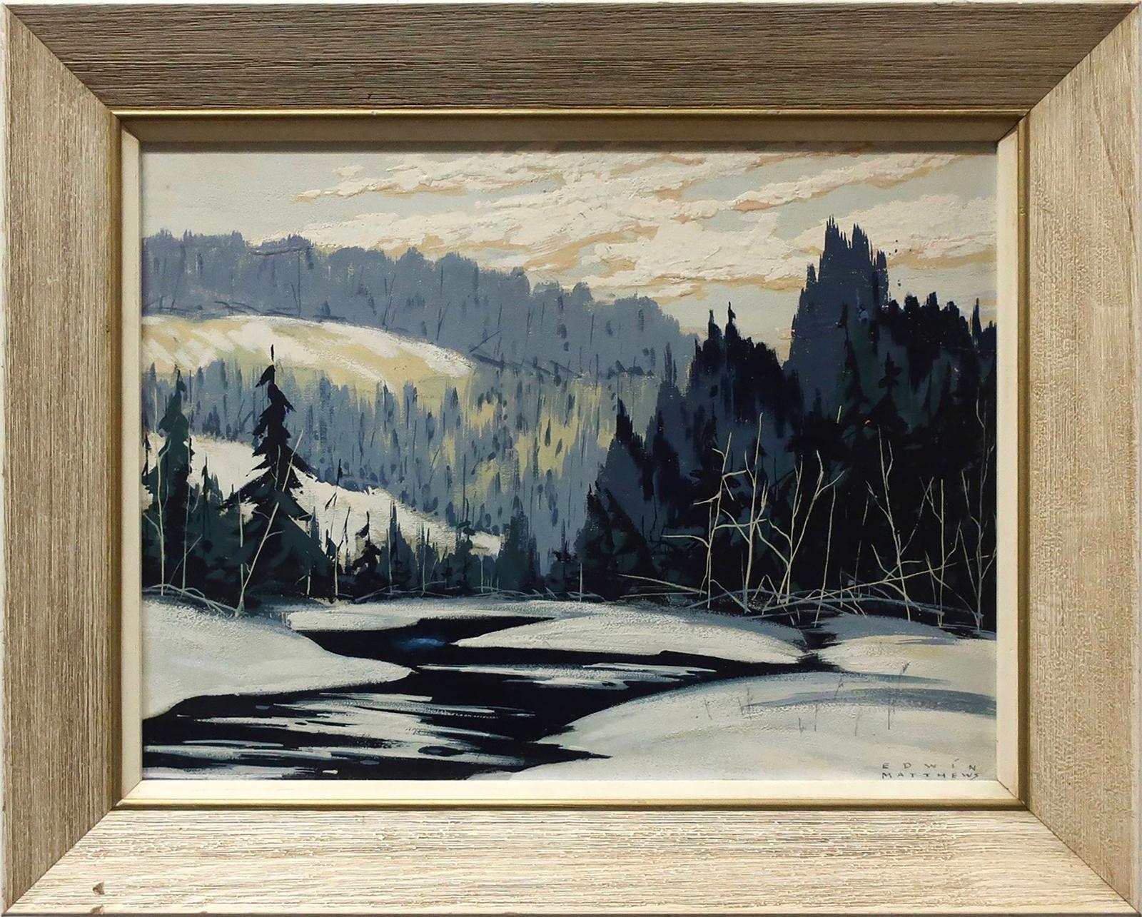 Edwin Henry Matthews (1924-2014) - Winter Landscape (Stream/Bush/Hills)