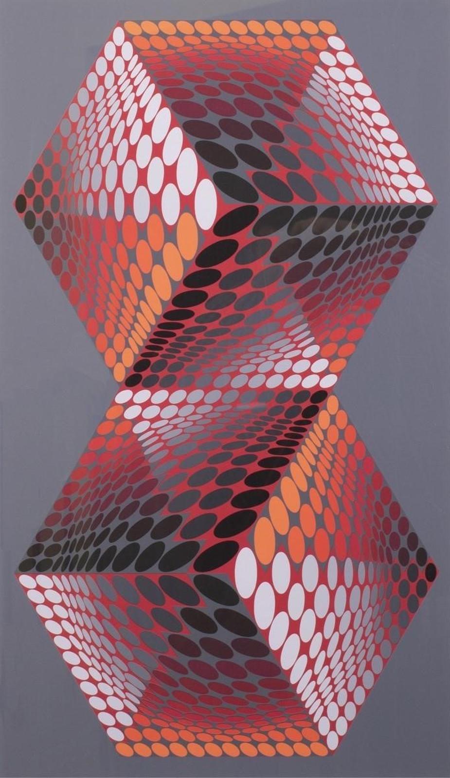 Victor Vasarely (1906-1997) - Untitled Composition (Red And Grey Cubes)