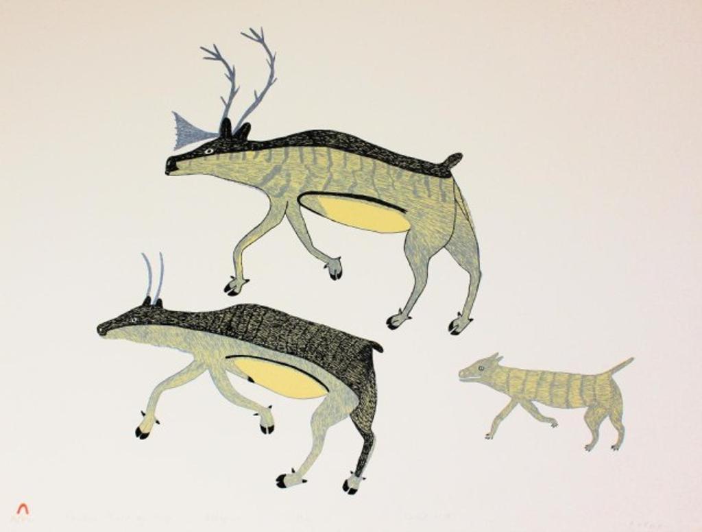 Keeleemeeoomee Samualie (1919-1983) - Caribou Chased by Wolf, 1978 L20 lithograph, 33/50, 51.5 x 67 cm