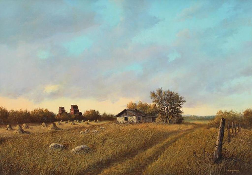 Milton Achtimichuk (1935) - Farm Scene, Stooks And Grain Elevators; 1990