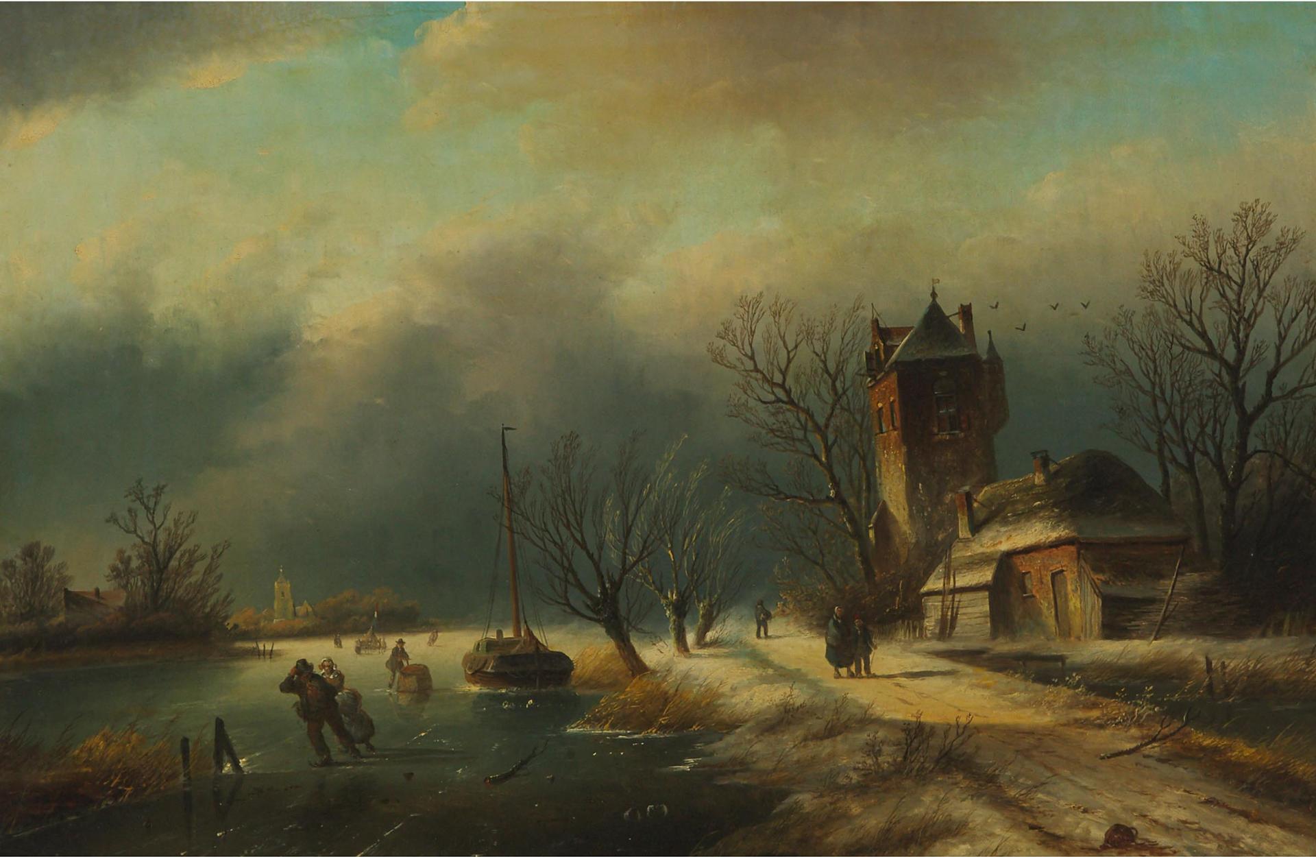 Jacob Jan Coenraad Spohler (1837-1923) - Skaters On A Frozen Pond With Figures On A Snowy Walkway