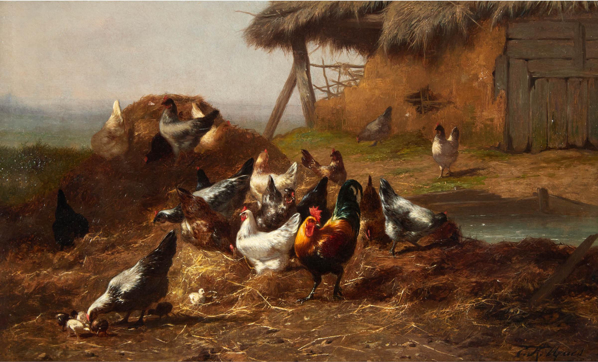 Eugène Rémy Maes - Farmyard With Cockerels, Hens, And Chicks