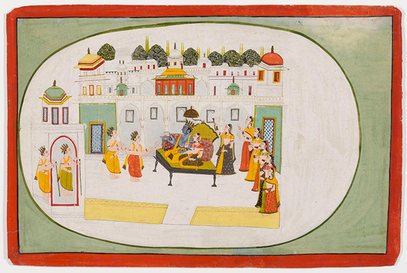 Indian Art - A Large Rajasthan Painted Miniature of Krishna and Consort Receiving Royal Guests, 18th/19th Century