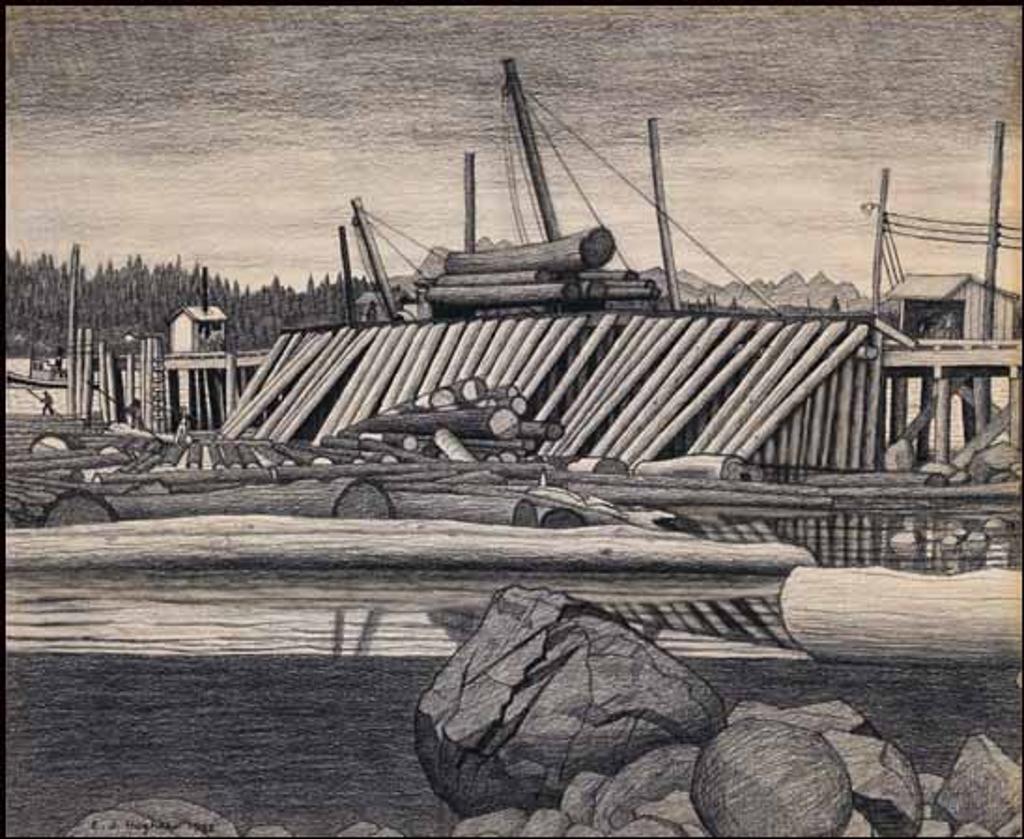 Edward John (E. J.) Hughes (1913-2007) - Unloading Logs, Comox Harbour