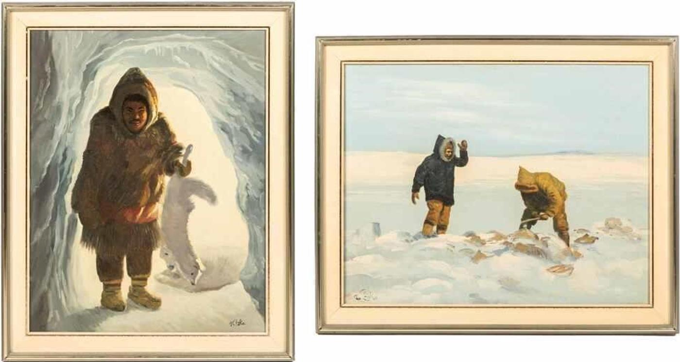 Georges Y. Boka (1939) - Pair of oil paintings on canvas with Inuit subjects. Both signed