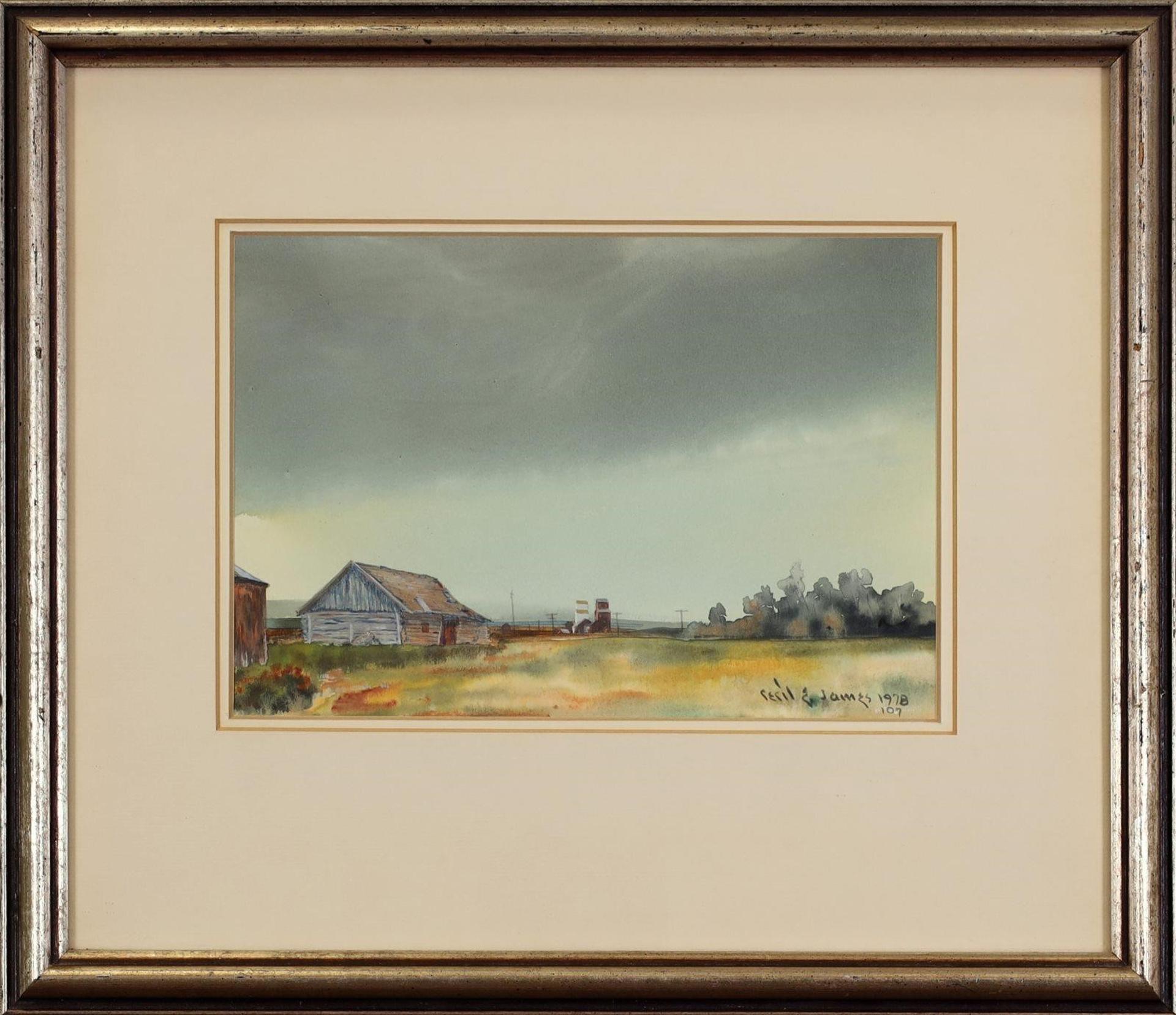 Cecil E. James (1908-1996) - Untitled, Barn and Distant Grain Elevators with Dark Sky; 1978