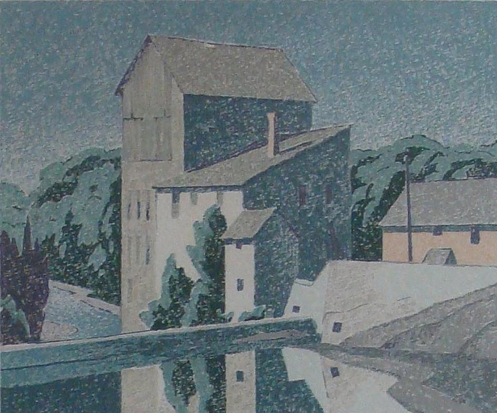 Alfred Joseph (A.J.) Casson (1898-1992) - Untitled- Buildings in a landscape colour lithograph- 9/50 signed AJ Casson in