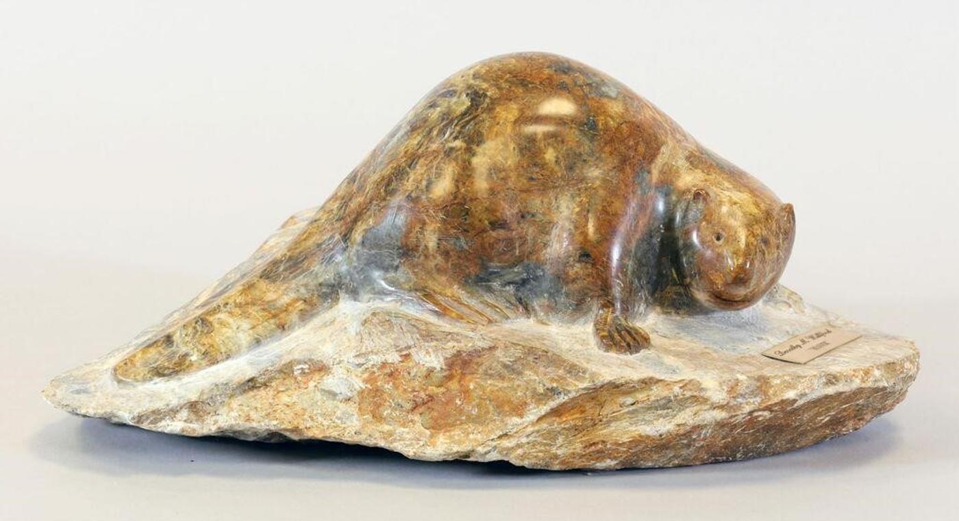 Dorothy M. Willford (1933) - Mottled orange-grey stone carving of a Beaver, monogrammed on the base and titled on a plaque