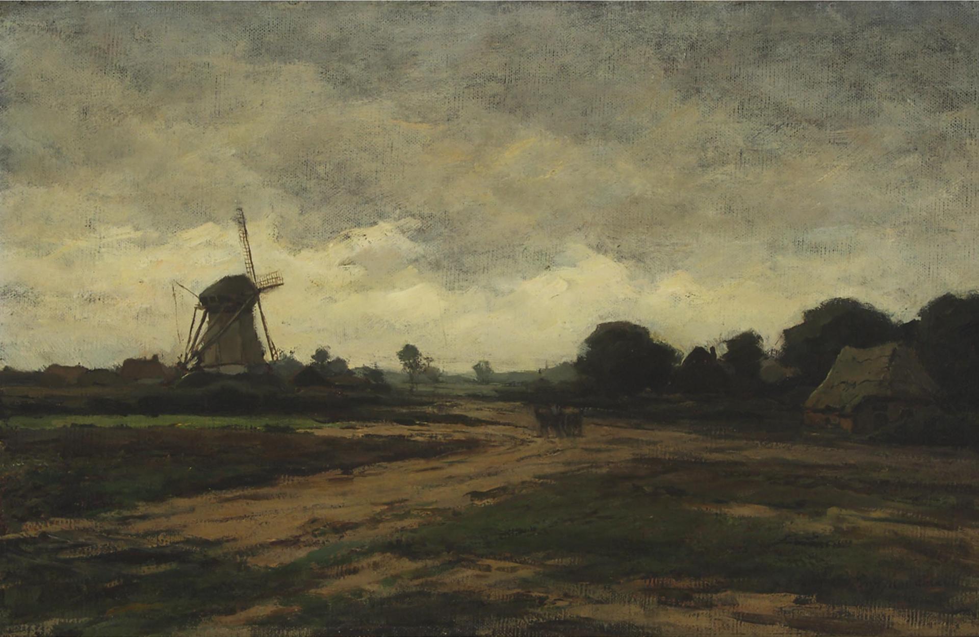 Frits Mondriaan (1853-1932) - Windmill Landscape With Horse Drawn Wagon On Route