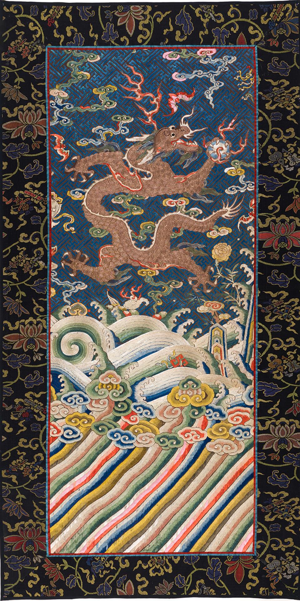 Chinese Art - A Chinese Blue Copper-Thread Dragon Robe Fragment, 19th Century