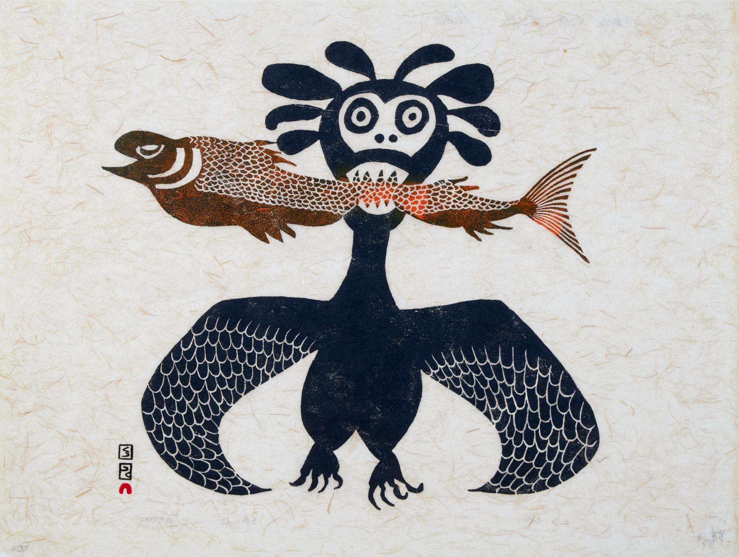 Pudlo Pudlat (1916-1992) - Raven With Fish, 1963