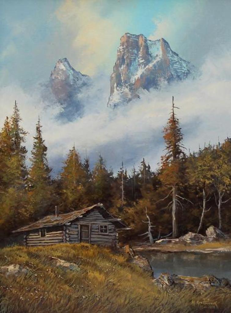 Milton Achtimichuk (1935) - Cabin With Mountain Peaks In The Mist; 1993