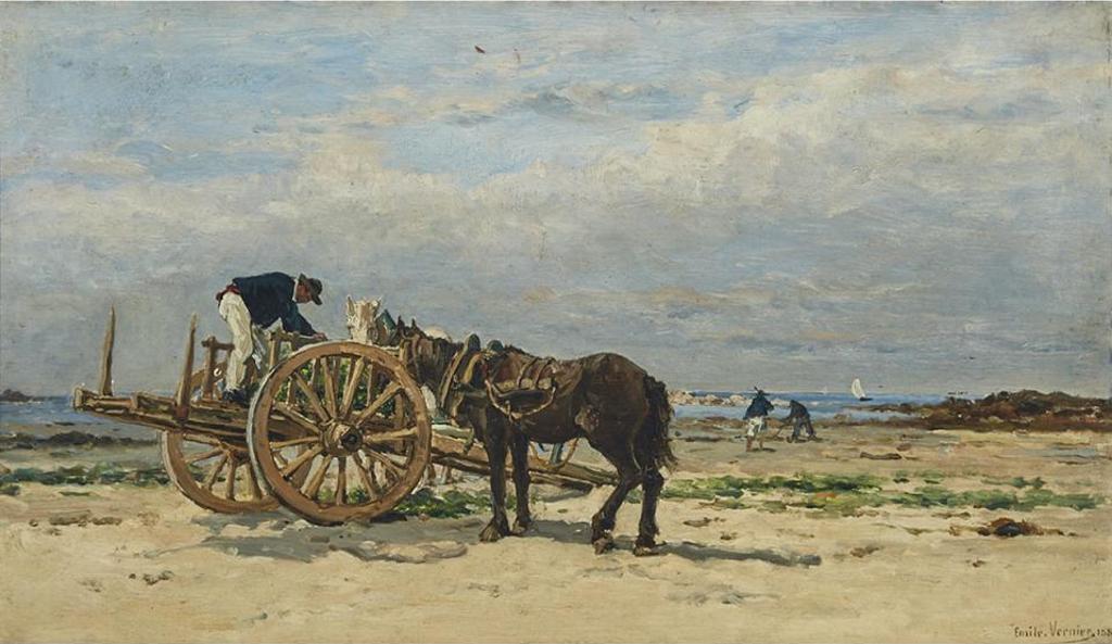 Émile Louis Vernier (1829-1887) - Horses And Wagon On Beach