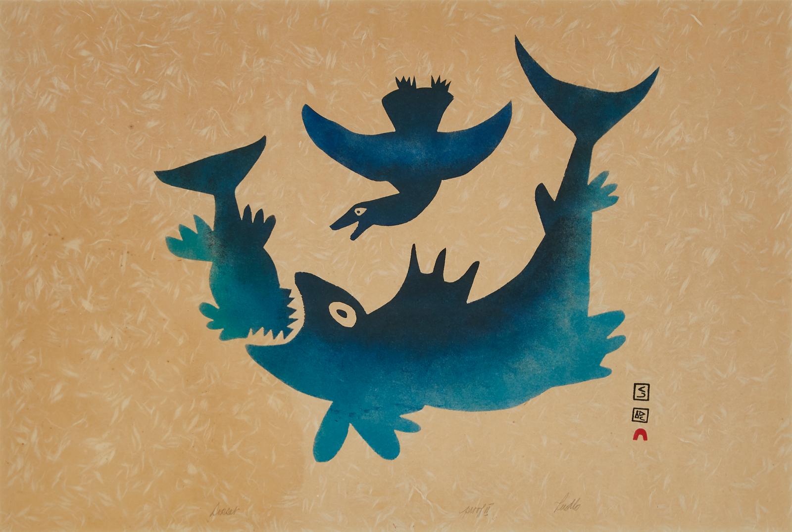 Pudlo Pudlat (1916-1992) - Fish And Gull/ Untitled (Sea Creatures And Bird)