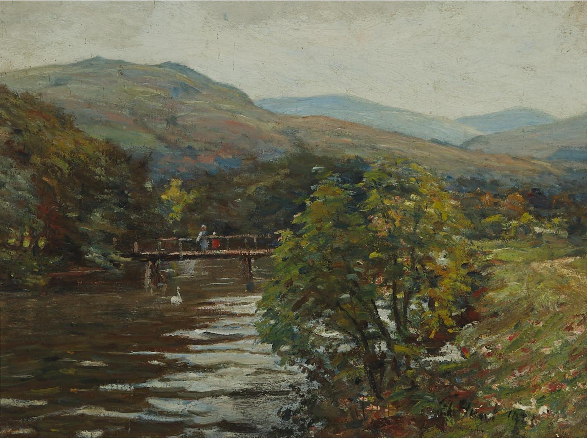 Thomas Hunt (1854-1929) - Feeding  The Swan At The Bridge, Circa 1925