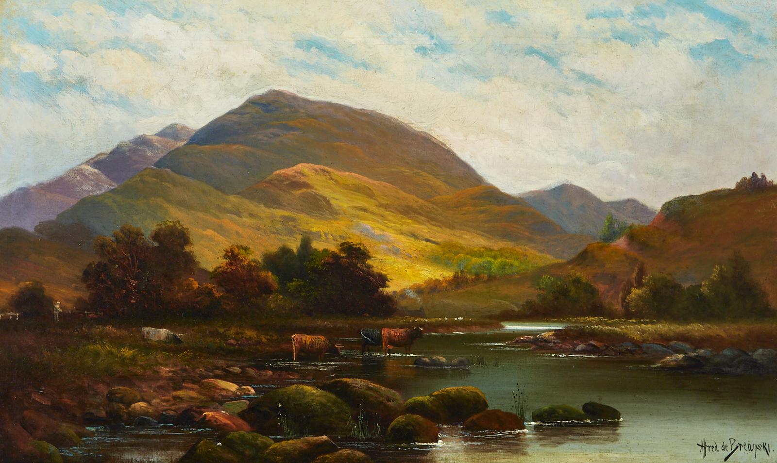 Alfred de Breanski Snr (1852-1928) - Highland Landscape With Cows Watering
