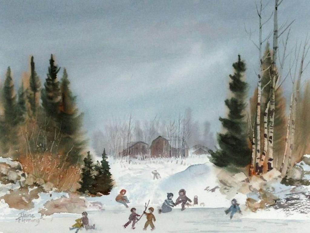 Elaine Fleming (1928-2014) - -untitled, Children Skiing and Tobogganing