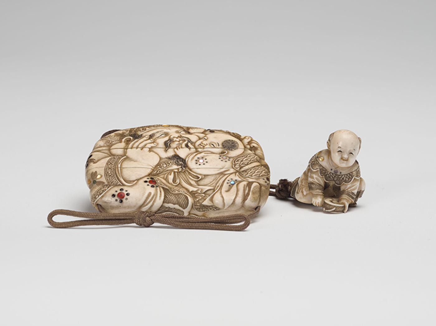 Japanese Art - A Japanese Ivory Carved and Hardstone Inlay Inro and Netsuke, Meiji Period, circa 1900