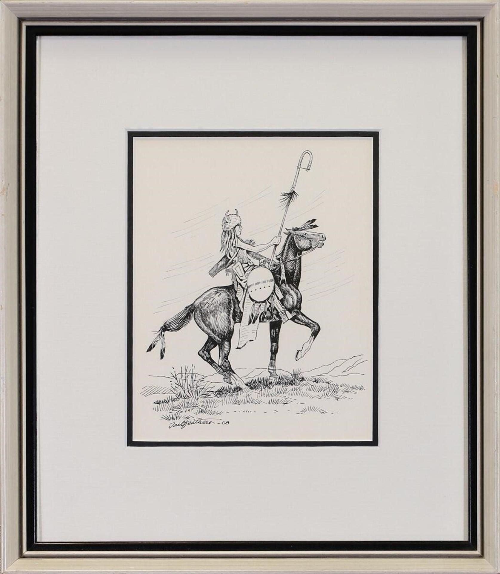 Gerald T. Tailfeathers (1925-1975) - Untitled, Mounted Rider with Buffalo Horn Headdress; 1968