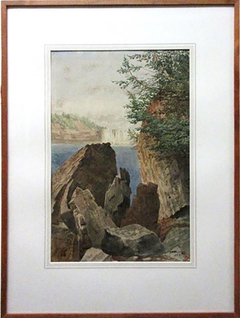 Thomas Mower Martin (1838-1934) - Rocky Shoreline With Distant Waterfall