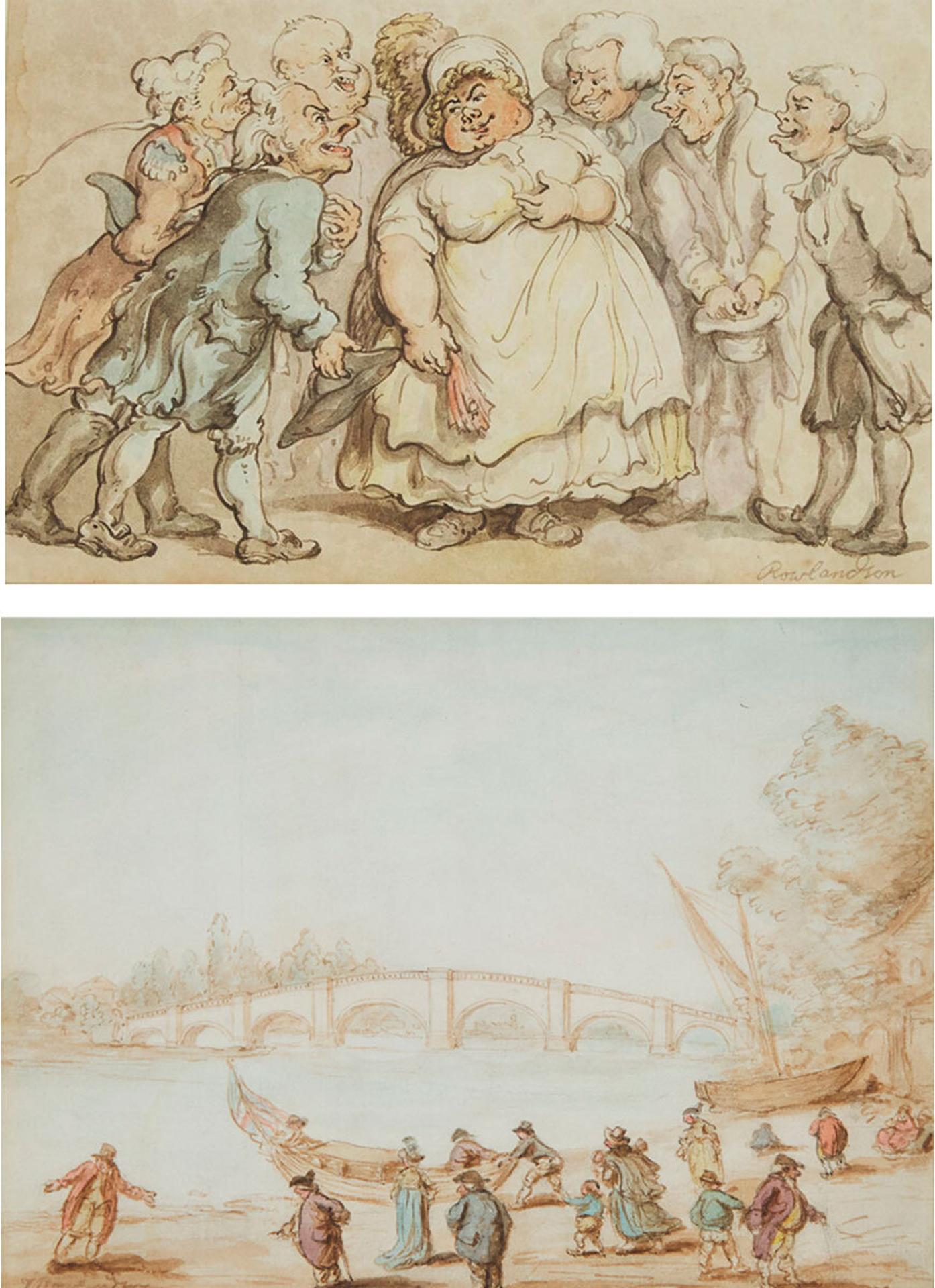 Thomas Rowlandson (1756-1827) - Men Surrounding A Robust Maiden; Figures On Shore Pushing A Boat