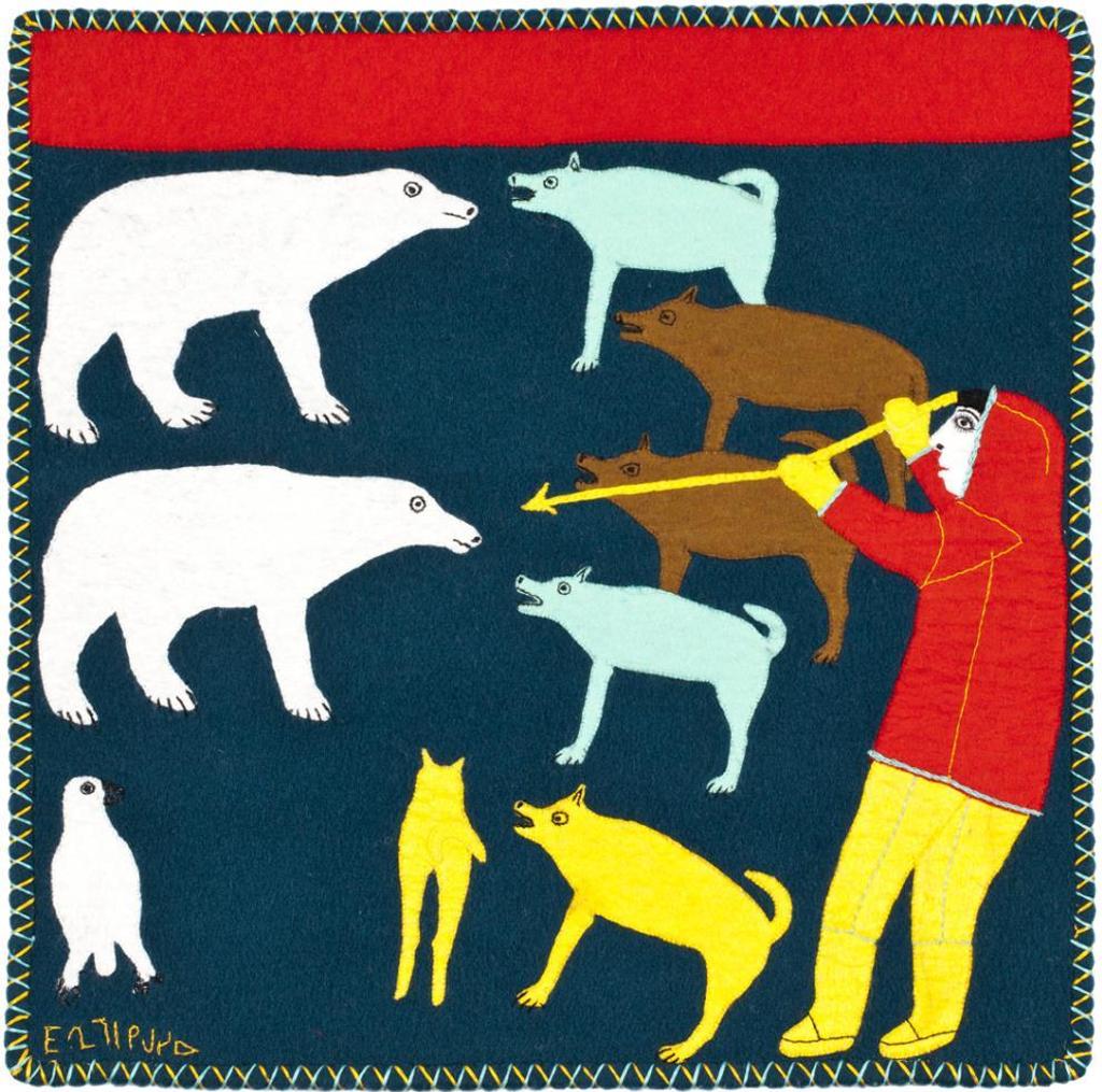 Janet Kigusiuq (1926-2005) - Hunter and Dogs Fending Off Two Bears, Late 1990s