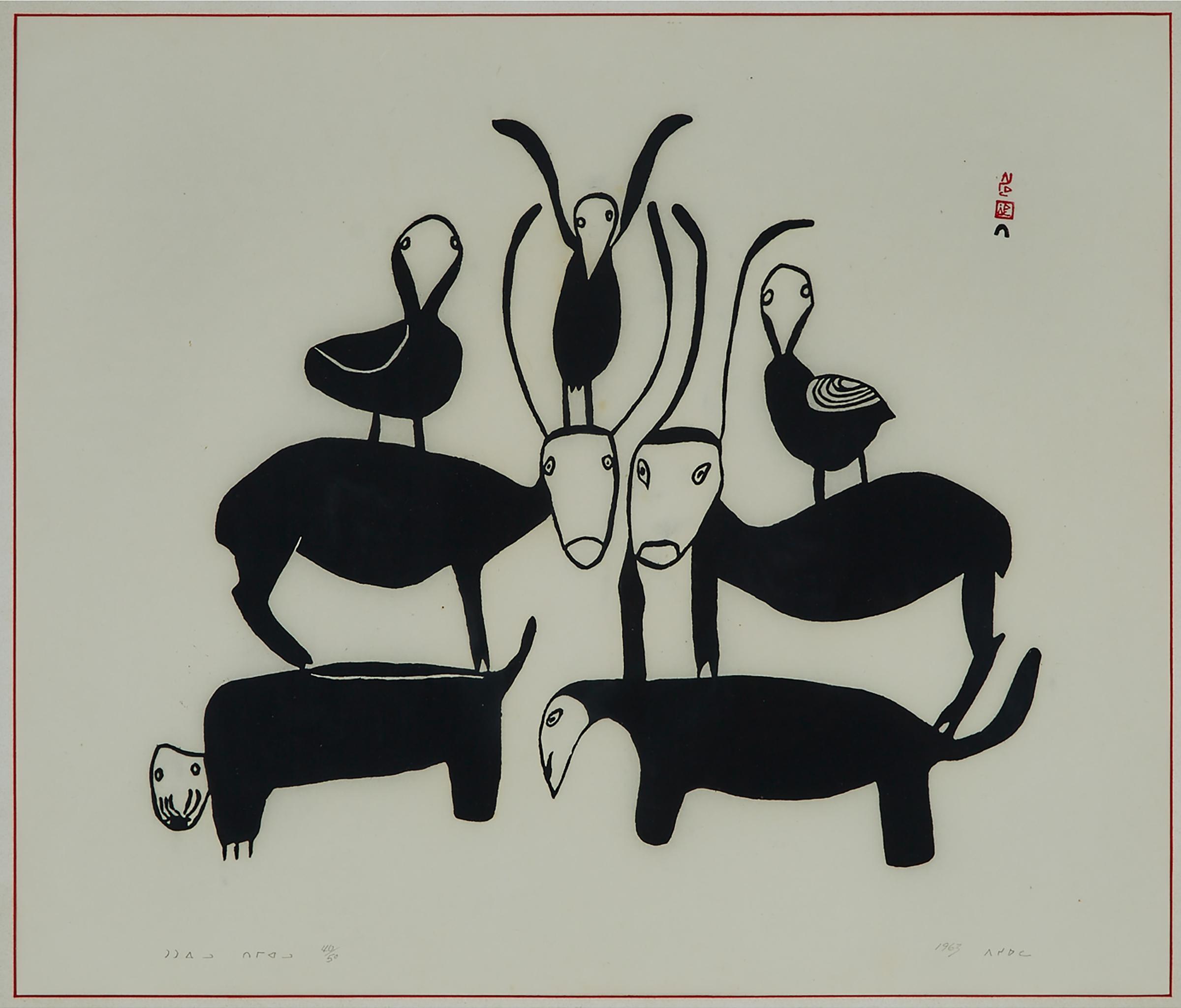 Pitseolak Ashoona Oc - Caribou And Birds, 1963