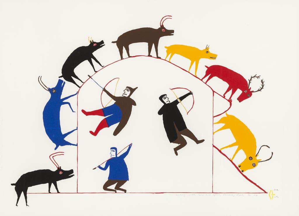 Jessie Oonark (1906-1985) - Hunting with Bow and Spear, 1975 #5, silkscreen, 3/49, framed, 20 x 27.5 in, 50.7 x 70 cm