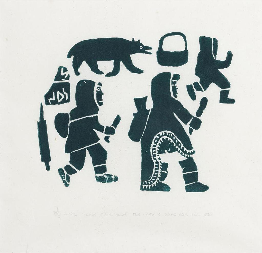 Sarah Joe Qinuajua (1917-1986) - Making A Rabbit Snare; A Family Running From A Polar Bear