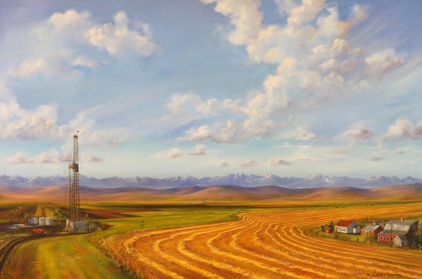 Saskia King (1959) - Untitled, Alberta Landscape with Oil Derrick, Farm and Mountain Panorama