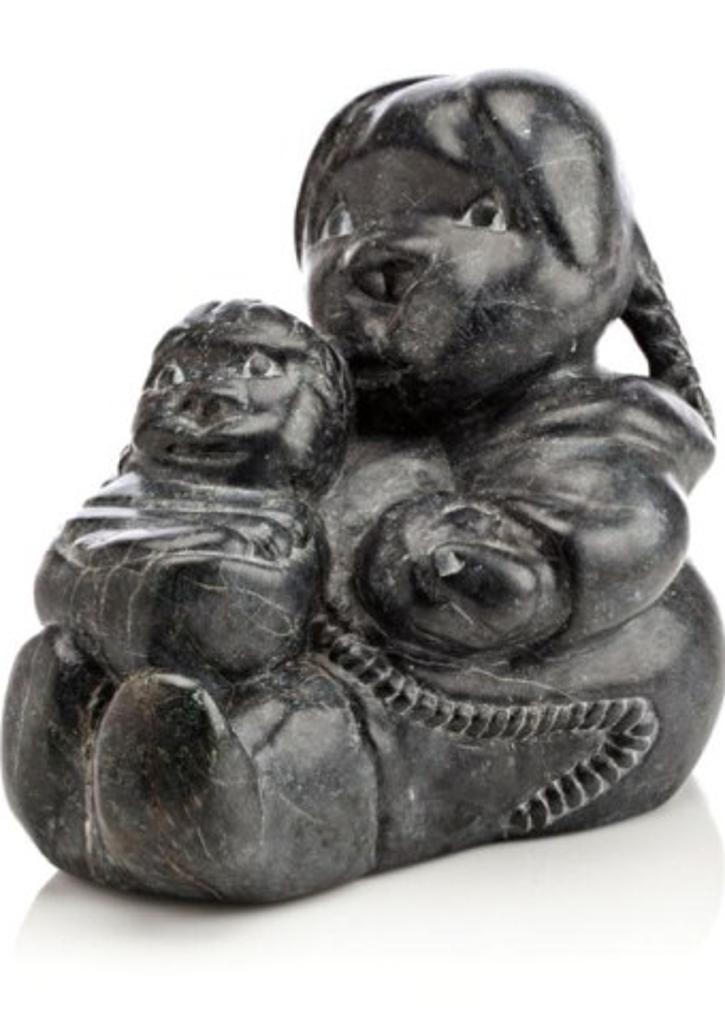 Johnny Inukpuk Jr. (1911-2007) - Inukjuak, Seated Mother and Child, mid 1980s, Dark grey stone