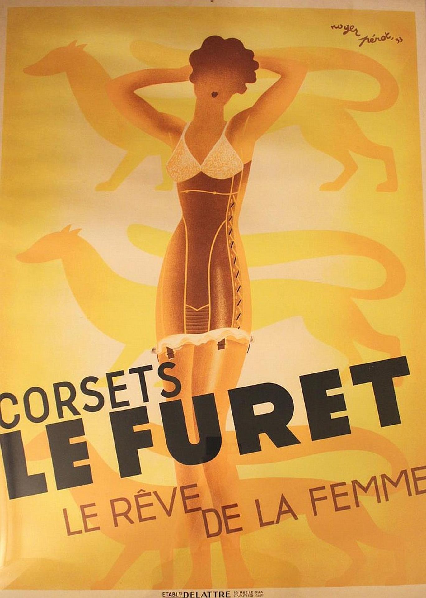 Roger Perot - a framed poster for Corsets - Le Furet