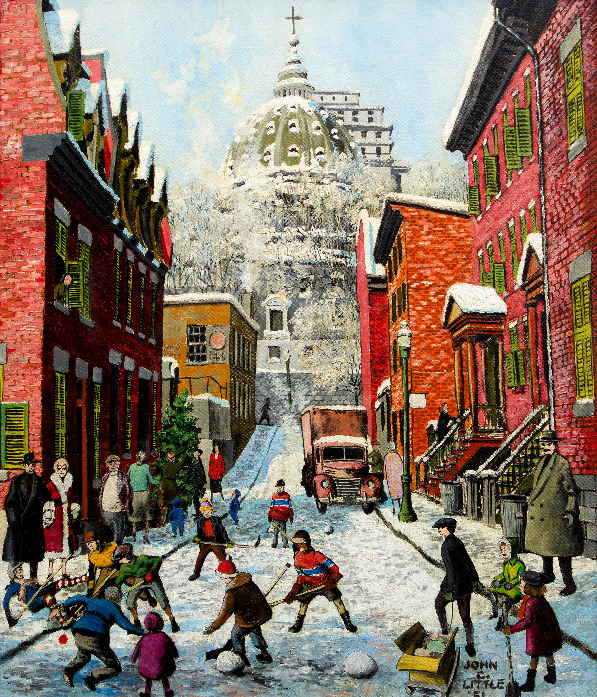 John Geoffrey Caruthers Little (1928-1984) - St. James Cathedral from St. Cécile St. (Shinny Game), Montréal, 1951