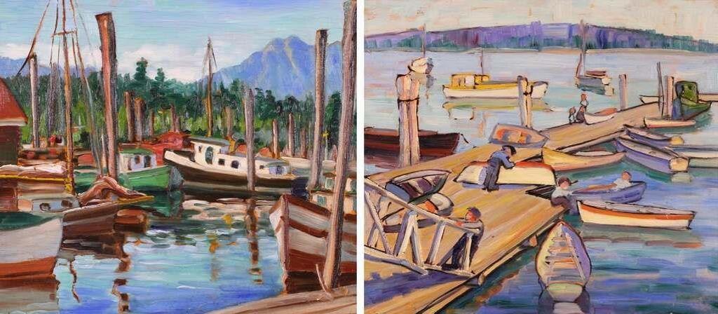 Anna Gertrude Lawson (Nan) Cheney (1897-1985) - Boats Moored At Harbour, B.C. / Workers On A Boat Landing