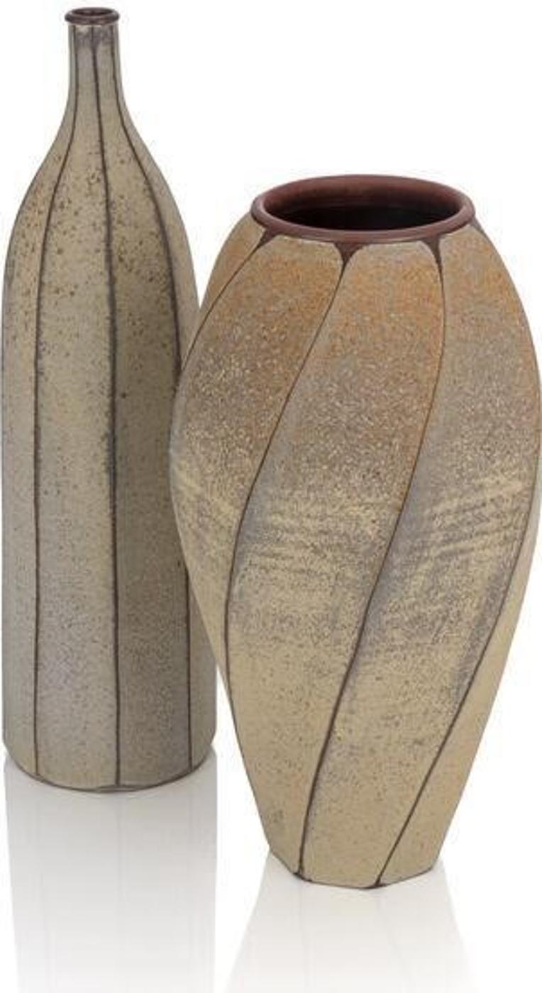 Emily Myers (1965) - Two large red stoneware vase, one with vertical spiraling ribs and one with horizontal ribs