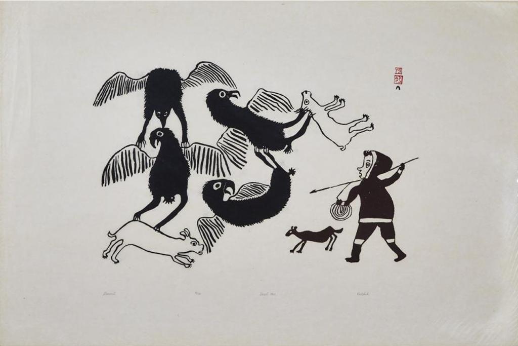 Kiakshuk (1886-1966) - Untitled (Hunter And Dogs, 4 Large Birds)