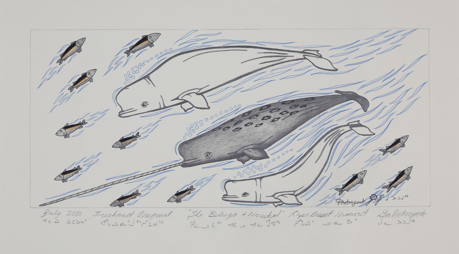 Goo Pootoogook (1957) - Three Works; The Beluga And Narwhal; The Shaman; Mother Bear And Cubs